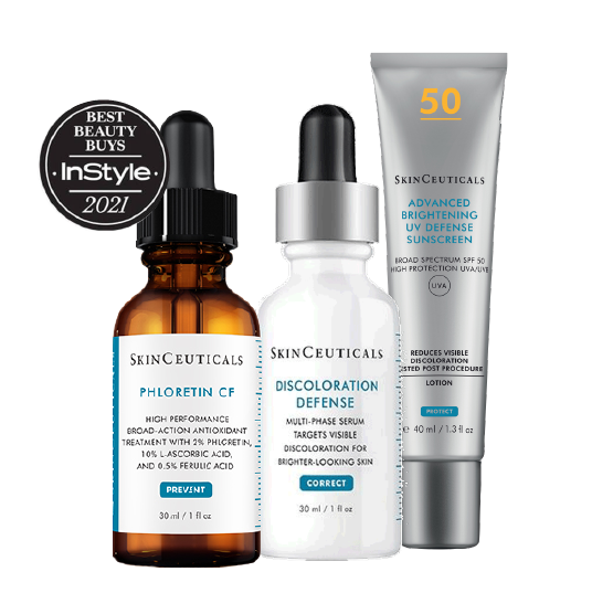 SkinCeuticals TRÍO Tratamiento Despigmentante 2- Phloretin CF serum + Discoloration Defense serum con Advanced Brightening UV Defense